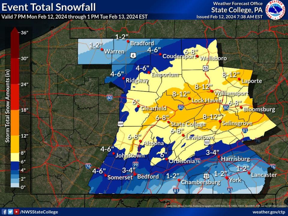 The National Weather Service's forecasted snow totals for Southcentral Pennsylvania for Feb. 13, 2024.