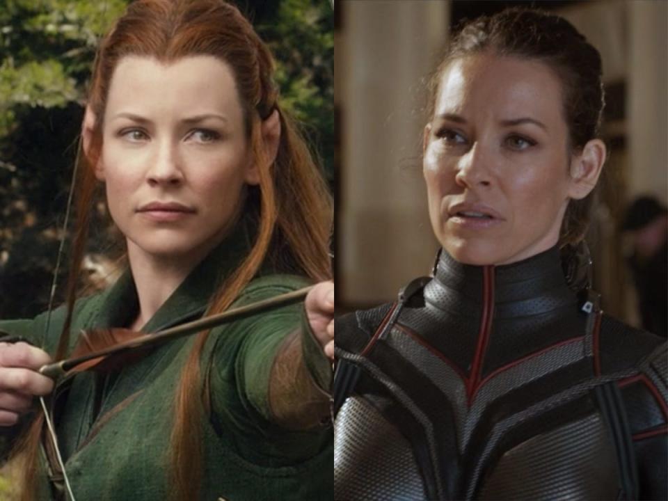 On the left: Evangeline Lilly as Tauriel in "The Hobbit: The Desolation of Smaug." On the right: Lilly as Hope Van Dyne/the Wasp in "Ant-Man and the Wasp."
