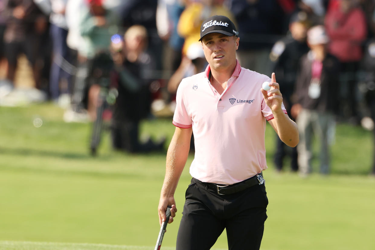 TULSA, OKLAHOMA - MAY 22: Justin Thomas of the United States reacts on the 18th green during the final round of the 2022 PGA Championship at Southern Hills Country Club on May 22, 2022 in Tulsa, Oklahoma. (Photo by Ezra Shaw/Getty Images)