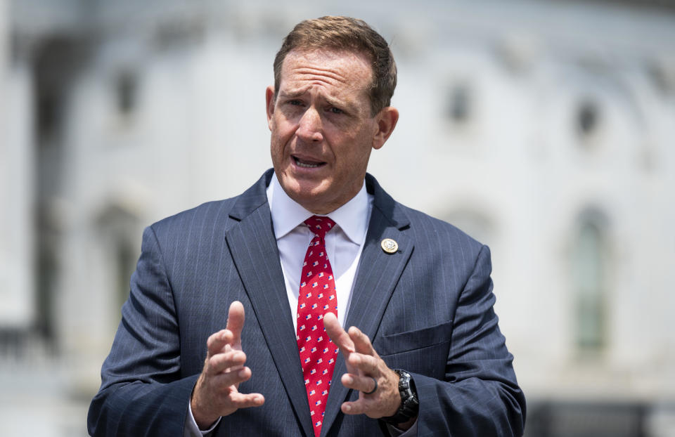 FILE: Rep. Ted Budd, R-N.C., does a television news interview outside the Capitol before the vote on the George Floyd Justice in Policing Act of 2020 on Thursday, June 25, 2020.  / Credit: Bill Clark/CQ-Roll Call, Inc via Getty Images