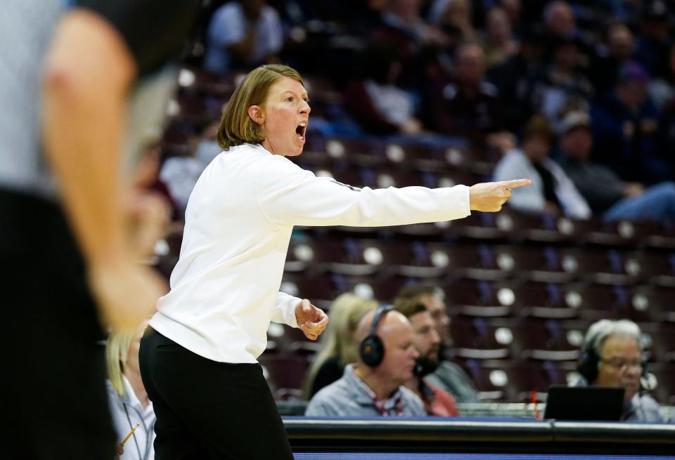 Missouri State Lady Bears Head Coach Beth Cunningham during an exhibition game vs. the Missouri Western Griffons at Great Southern Bank Arena on Wednesday, Nov. 1, 2023.