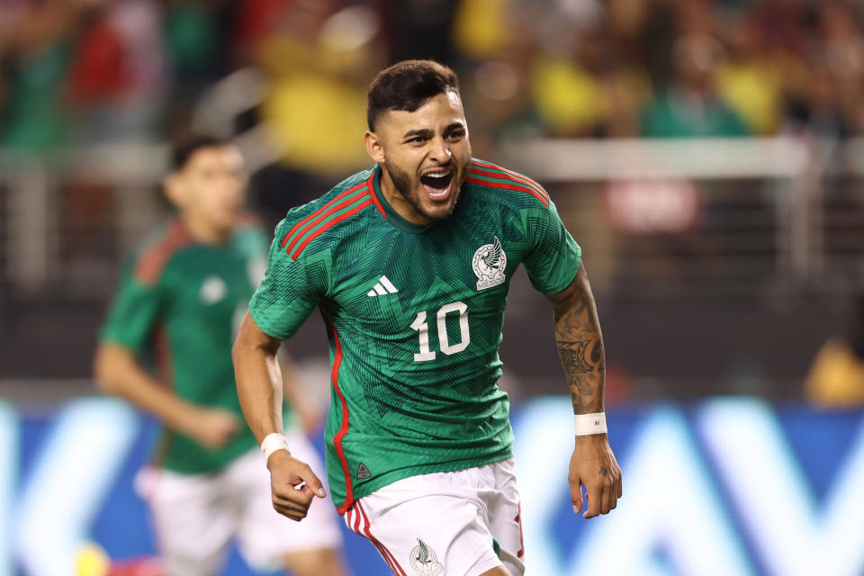 SANTA CLARA, CA - SEPTEMBER 27: Alexis Vega of Mexico celebrates after scoring the first goal for his team during the friendly match between Mexico and Colombia at Levi's Stadium on September 27, 2022 in Santa Clara, California. (Photo by Omar Vega/Getty Images)