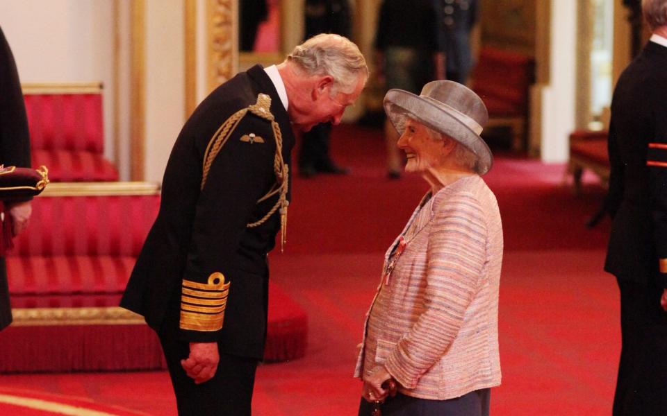 Beryl Vertue on her appointment as CBE with the Prince of Wales at Buckingham Palace in 2016 - Jonathan Brady/PA