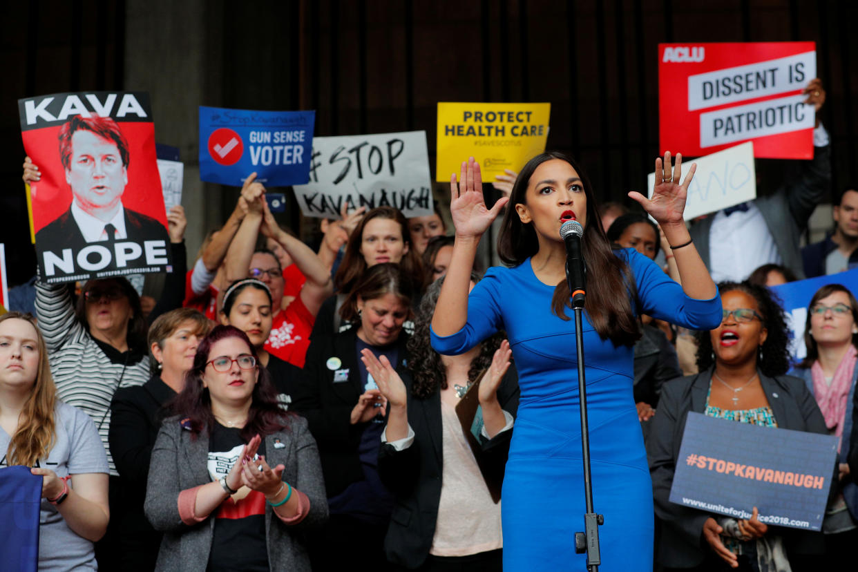 Democratic Congressional candidate Alexandria Ocasio-Cortez speaks at a really against Supreme Court nominee Brett Kavanaugh outside an expected speech by U.S. Representative Jeff Flake (R-AZ) in Boston, U.S., October 1, 2018.   REUTERS/Brian Snyder