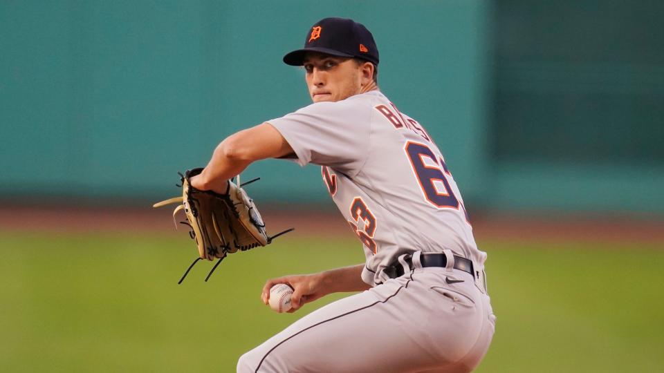 Detroit Tigers starting pitcher Beau Brieske delivers during the first inning of a baseball game against the Detroit Tigers, Tuesday, June 21, 2022, at Fenway Park in Boston.