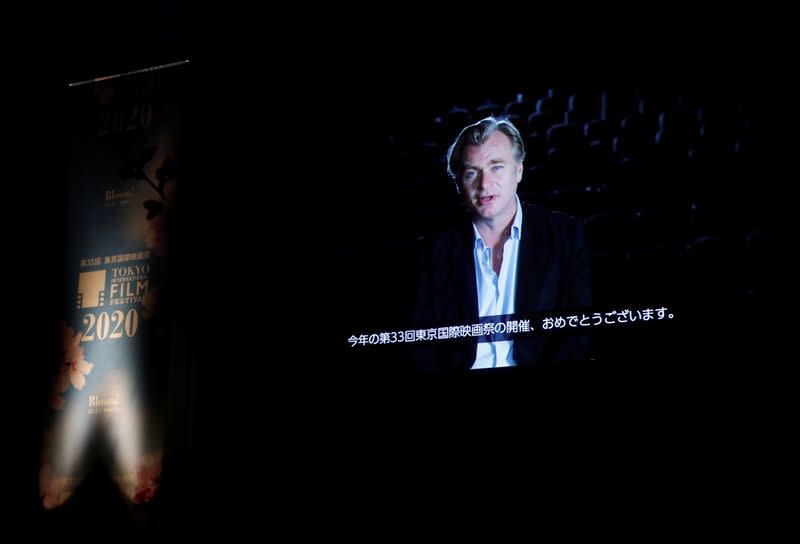 A video message by director Christopher Nolan is screened during the opening ceremony at 33rd Tokyo International Film Festival, amid the coronavirus disease (COVID-19) outbreak, in Tokyo