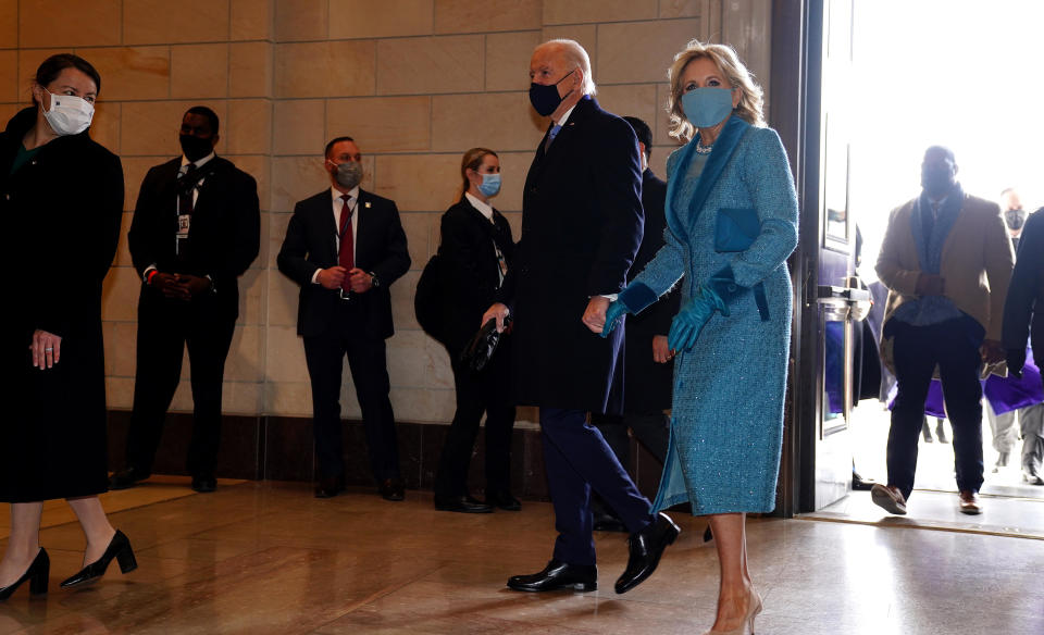 President-elect Joe Biden and Dr. Jill Biden arrive for the 59th presidential inauguration in Washington, D.C. on January 20, 2021.  / Credit: Jim Lo Scalzo/EPA/Bloomberg via Getty Images