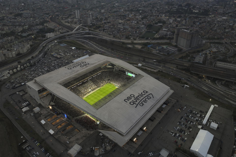 Corinthians face Flamengo in a Brazilian soccer league match in the Neo Quimica arena, which is set to host an NFL football game the week after, in Sao Paulo, Brazil, Sunday, Sept. 1, 2024. (AP Photo/Andre Penner)