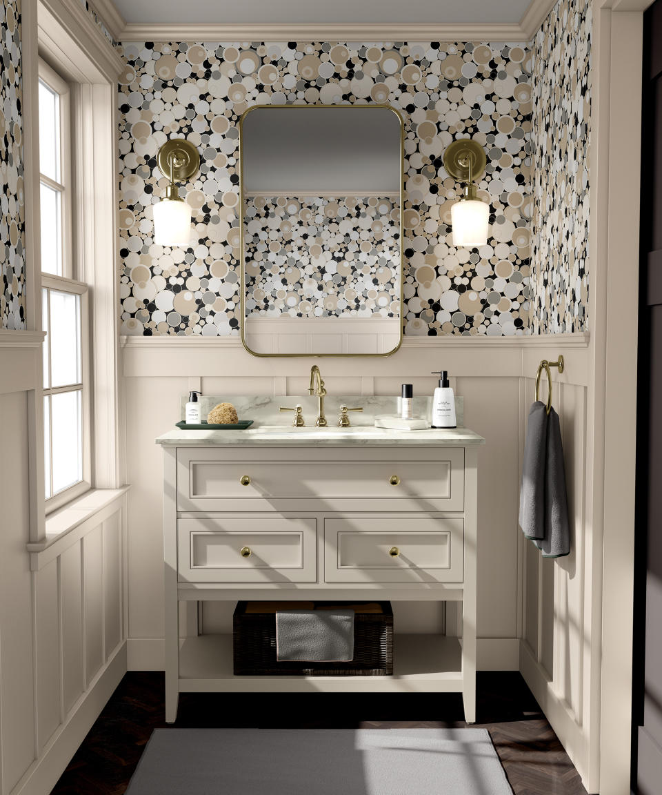 <p> A neutral palette is often associated with a laid-back, minimalist look, but this needn't always be the case as demonstrated in this head-turning cloakroom. </p> <p> Featuring a bold, abstract design in an array neutral shades, this bold wallpaper idea from The Curious Department is beautifully balanced by paneling in a light beige, while the metallic finishes of the wall lighting and mirror add to the wow-factor and glamor.  </p>