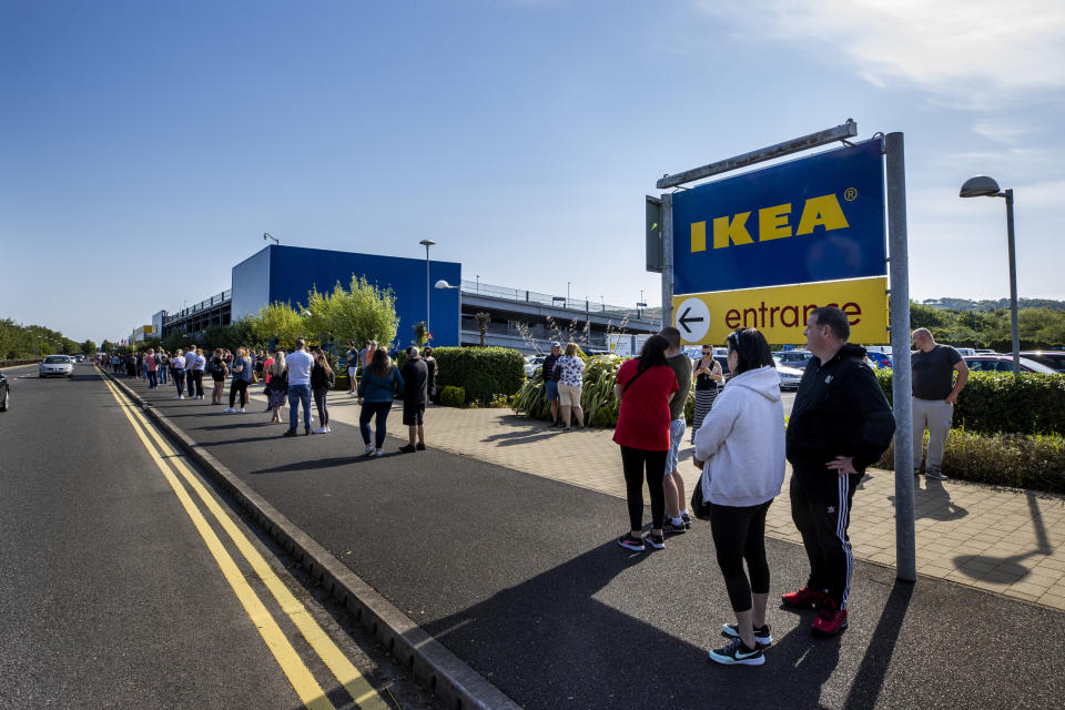 IKEA in Belfast opens its door for the first time since the lockdown began with hundreds of shoppers queuing to get in. Some had been queuing from before 8am to be first in line when the doors opened at 10am. (Photo by Liam McBurney/PA Images via Getty Images)