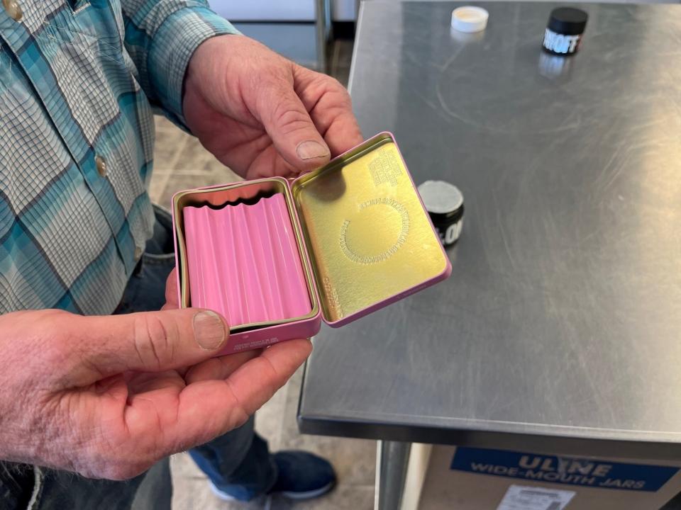 Ben Cohen explains how B3's packaging for its pre-rolls preserves the volatile terpenes that create the desired effects, as seen on April 13, 2023, at Grassroots Vermont in Brandon.