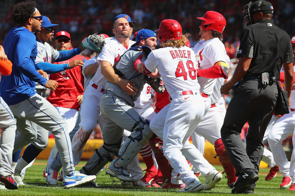 ST LOUIS, MO - APRIL 27: Paul Goldschmidt #46 of the St. Louis Cardinals attempts to restrain Tomas Nido #3 of the New York Mets after the benches cleared in the eighth inning at Busch Stadium on April 27, 2022 in St Louis, Missouri. (Photo by Dilip Vishwanat/Getty Images)