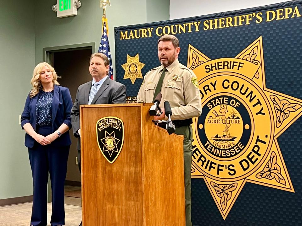 Maury County Sheriff Bucky Rowland, right, speaks to media regarding a recent March 13, 2024 drug raid, which led to the arrest of James Rucker and recovered a large amount of narcotics, cash, firearms and more.