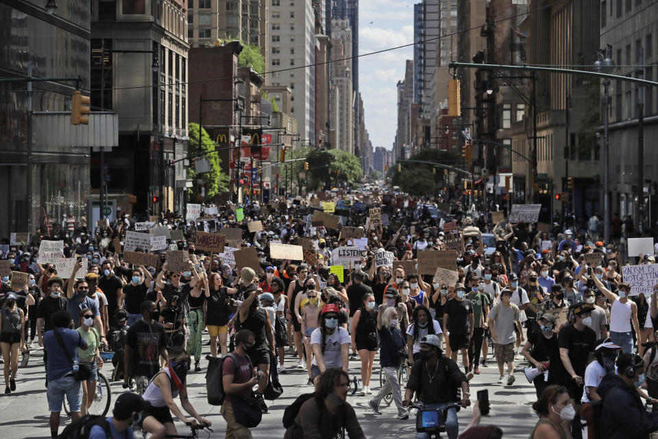 New York City lifted the curfew spurred by protests in the wake of George Floyd's death. Pictured are protesters in Manhattan.