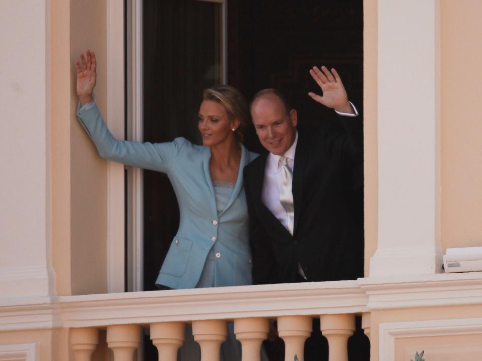 Princess Charlene of Monaco and Prince Albert II of Monaco pose on the balcony after the civil ceremony of the Royal Wedding of Prince Albert II of Monaco to Charlene Wittstock at the Prince's Palace on July 1, 2011 in Monaco, Monaco.
