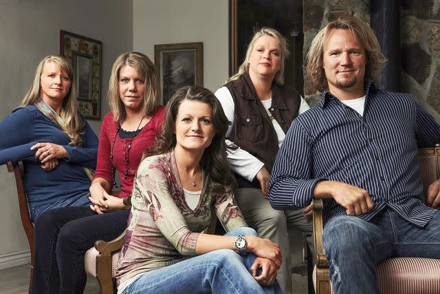 <p>Puddle Monkey Prods/Kobal/Shutterstock </p> Christine Brown, Meri Brown, Robyn Brown, Janelle Brown and Kody Brown of 'Sister Wives'