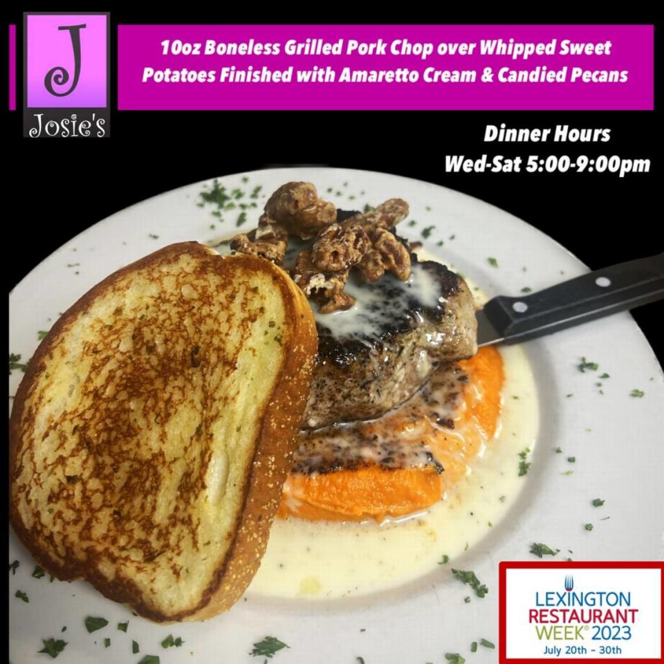 A 10-ounce grilled pork chop served on whipped sweet potatoes with amaretto cream and spiced pecans is one of the entrees available at Josie’s for $19 during Lexington Restaurant Week.