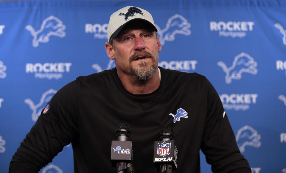 FILE - Detroit Lions head coach Dan Campbell speaks to the media after an NFL football game against the Baltimore Ravens in Detroit, in this Sunday, Sept. 26, 2021, file photo. Campbell, Detroit’s winless coach, said former NFL quarterback Drew Brees reached out to him after the Lions’ latest loss last Sunday. Campbell and Brees became close in New Orleans, where Campbell was the assistant head coach for the final five seasons of the quarterback’s playing career.” (AP Photo/Tony Ding, File)