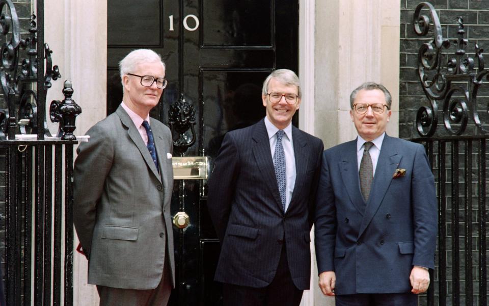 Jacques Delors as president of EC with John Major, then prime minister and his foreign secretary Douglas Hurd before the Maastricht Treaty came into effect