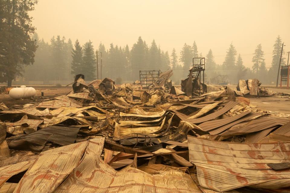 The Scotch Creek, B.C., fire hall is pictured after being destroyed by wildfire. Aug. 18, 2023. 