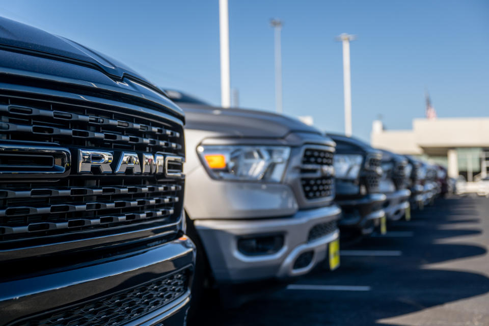 Ram 1500 models are seen on a lot at the Mak Haik dealership on December 14, 2022 in Houston, Texas. (Brandon Bell/Getty Images)
