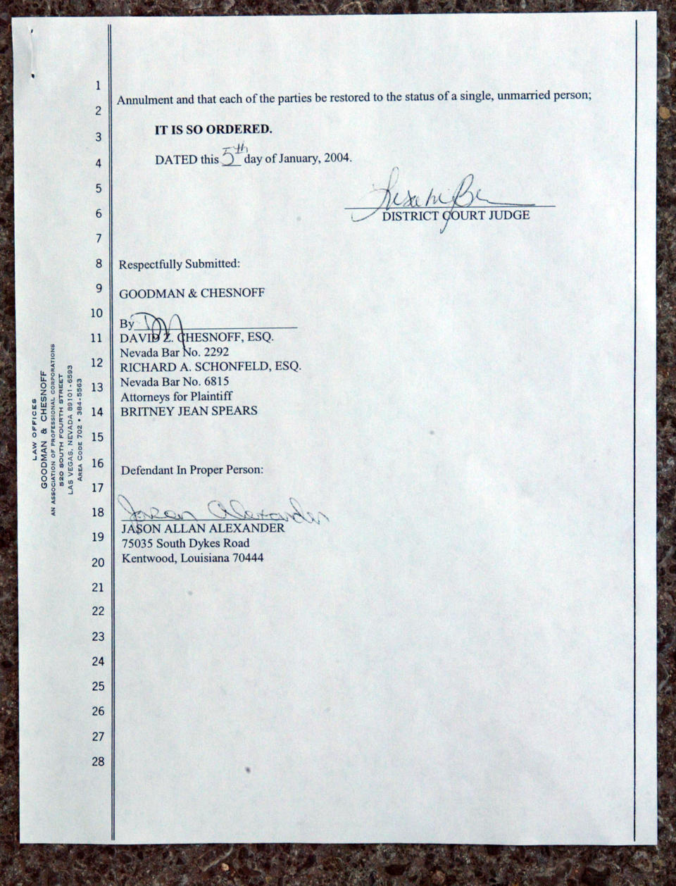 LAS VEGAS, NV - JANUARY 5:  A copy of the affidavit for annulment of marriage for recording artist/bride Britney Spears and groom Jason Allen Alexander on file at the Family Courts Service Building January 5, 2004 in Las Vegas, Nevada.  The wedding ceremony was performed on January 3, 2004.  (Photo by Frederick M. Brown/Getty Images)