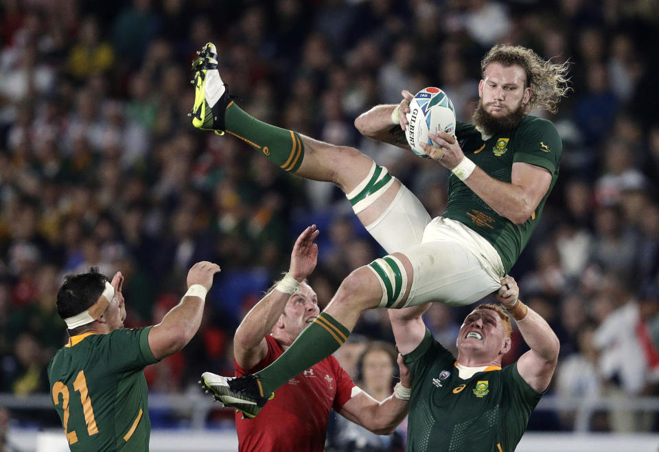 FILE - South Africa's RG Snyman takes a restart during the Rugby World Cup semifinal at International Yokohama Stadium between Wales and South Africa in Yokohama, Japan, Oct. 27, 2019. The United States has landed another World Cup. The Rugby World Cup, in 2031. (AP Photo/Mark Baker, File)