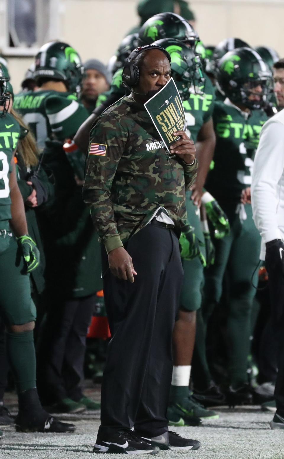 Michigan State Spartans head coach Mel Tucker on the sidelines during action against the Maryland Terrapins Saturday, Nov. 13, 2021 at Spartan Stadium.