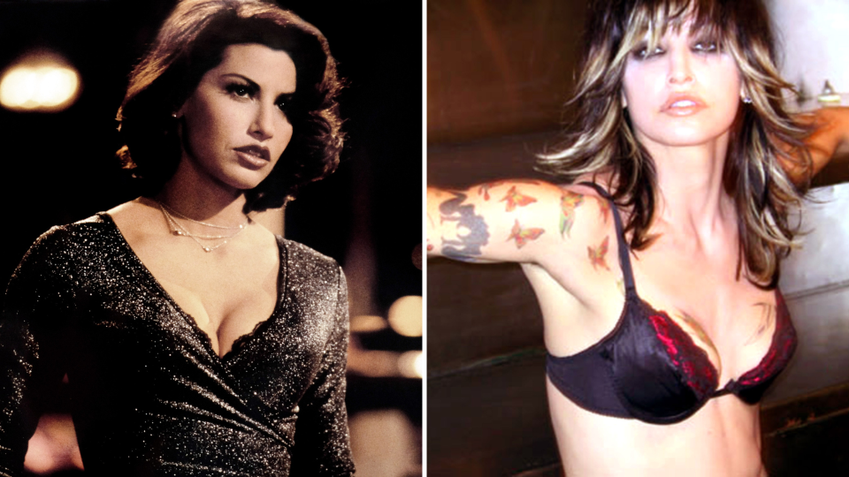 Gina Gershon in “Showgirls” (left) and “Prey for Rock and Roll” (right)