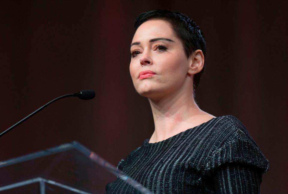 Rose McGowan giving a speech