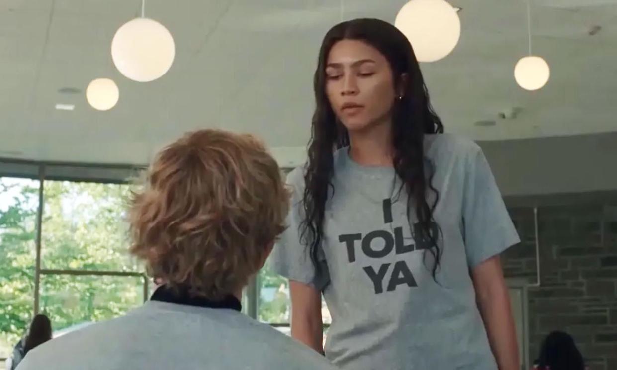 <span>Zendaya in an I Told Ya T-shirt in the film Challengers.</span><span>Photograph: Warner Bros</span>