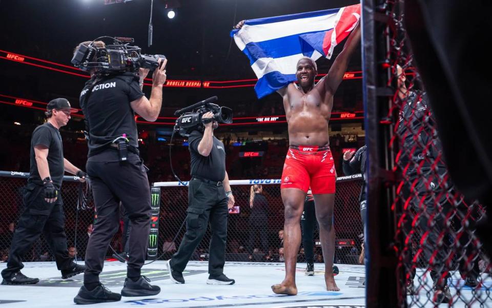Robelis Despaigne from Cuba reacts after defeating Josh Parisian of the United States during their heavyweight title match during the UFC 299 event at the Kaseya Center on Saturday, March 9, 2024, in downtown Miami, Fla.