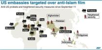 Map showing coutries where US embassies have faced protests over an anti-Islam film and security has been tightened