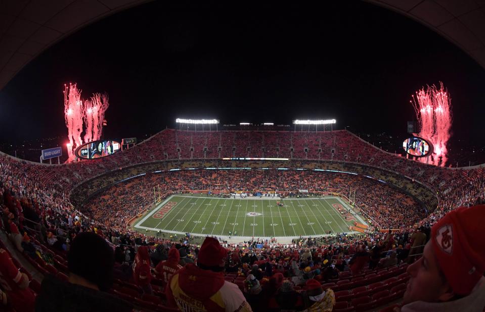 A general view of fireworks during a NFL football game between the Oakland Raiders and the Kansas City Chiefs at Arrowhead Stadium.