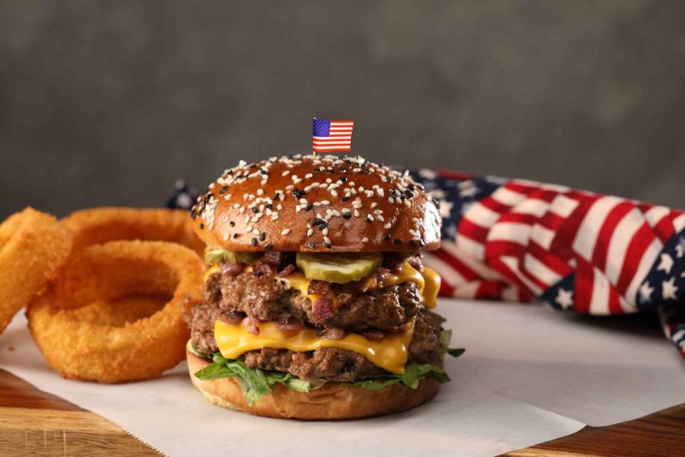 Hickory Tavern donates $1 year-round from every purchase of its Freedom Burger to The Independence Fund, which assists veterans and their families. It comes with two beef patties, American cheese, roasted onions, pickles, a house-made sauce and a sesame seed bun.