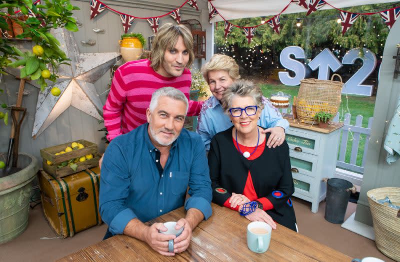 Noel Fielding (top left), Paul Hollywood (bottom left), Sandi Toksvig (top right) and Prue Leith (bottom right) on The Great British Bake Off (Channel 4)