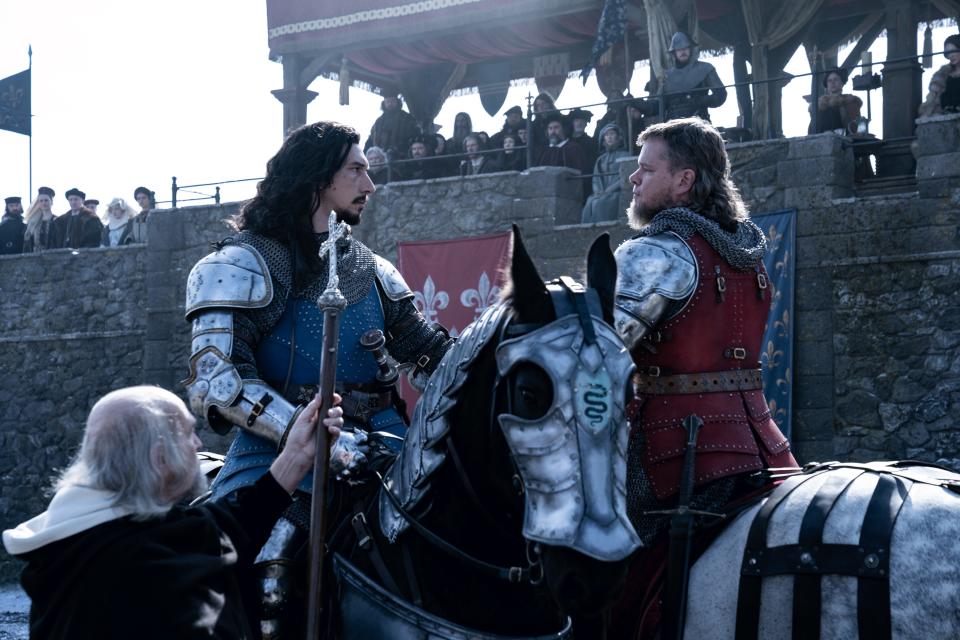 Former friends Jacques Le Gris (Adam Driver, left) and Jean de Carrouges (Matt Damon) meet for a deadly trial by combat in Ridley Scott's "The Last Duel."