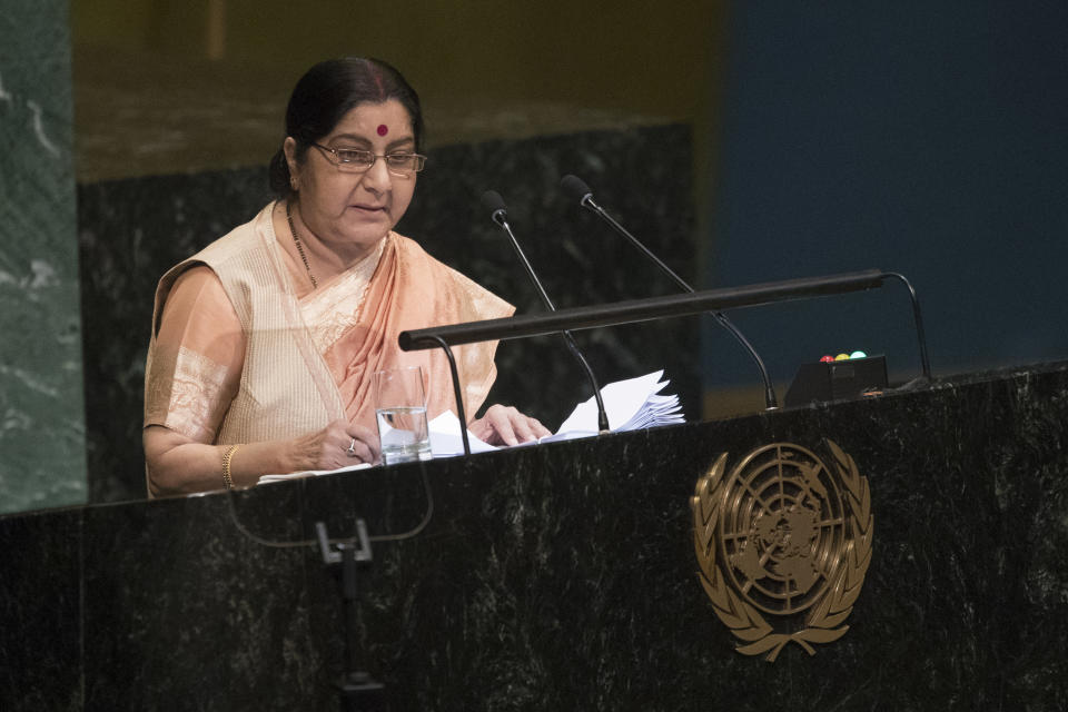 FILE - In a Sept. 29, 2018 file photo, Foreign Minister Sushma Swaraj addresses the 73rd session of the United Nations General Assembly, at U.N. headquarters. India’s former external affairs minister and a leader of the ruling Hindu nationalist Bharatiya Janata Party Sushma Swaraj died Tuesday, Aug. 6, 2019 at a hospital in New Delhi. She was 67. (AP Photo/Mary Altaffer, File)