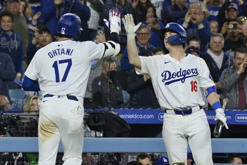 Los Angeles Dodgers designated hitter Shohei Ohtani (L) leads MLB in total bases this season. File Photo by Jim Ruymen/UPI