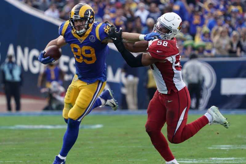 Tyler Higbee (L) of the Los Angeles Rams is my No. 5 tight end for Week 1. File Photo by Jon SooHoo/UPI