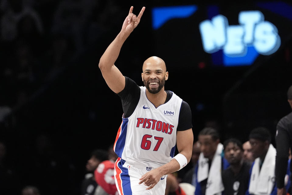 Detroit Pistons forward Taj Gibson reacts during the first half of an NBA basketball game against the Brooklyn Nets, Saturday, April 6, 2024, in New York. (AP Photo/Mary Altaffer)