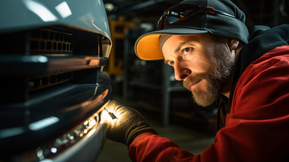 An experienced mechanic installing a headlight protection kit on a car in a garage.