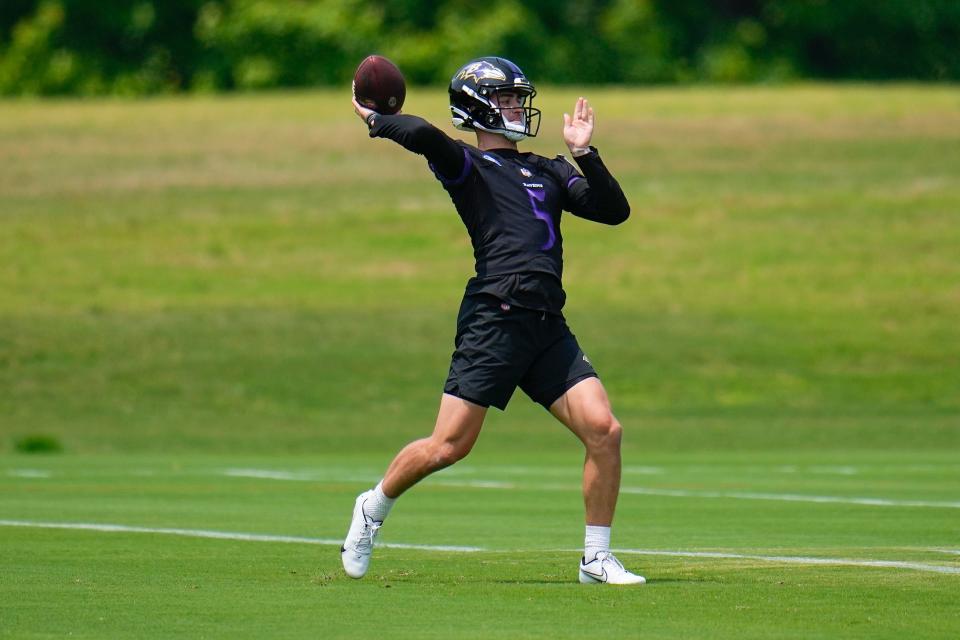 Baltimore Ravens quarterback Nolan Henderson works out during the team's NFL football practice, Wednesday, May 24, 2023, in Owings Mills, Maryland.