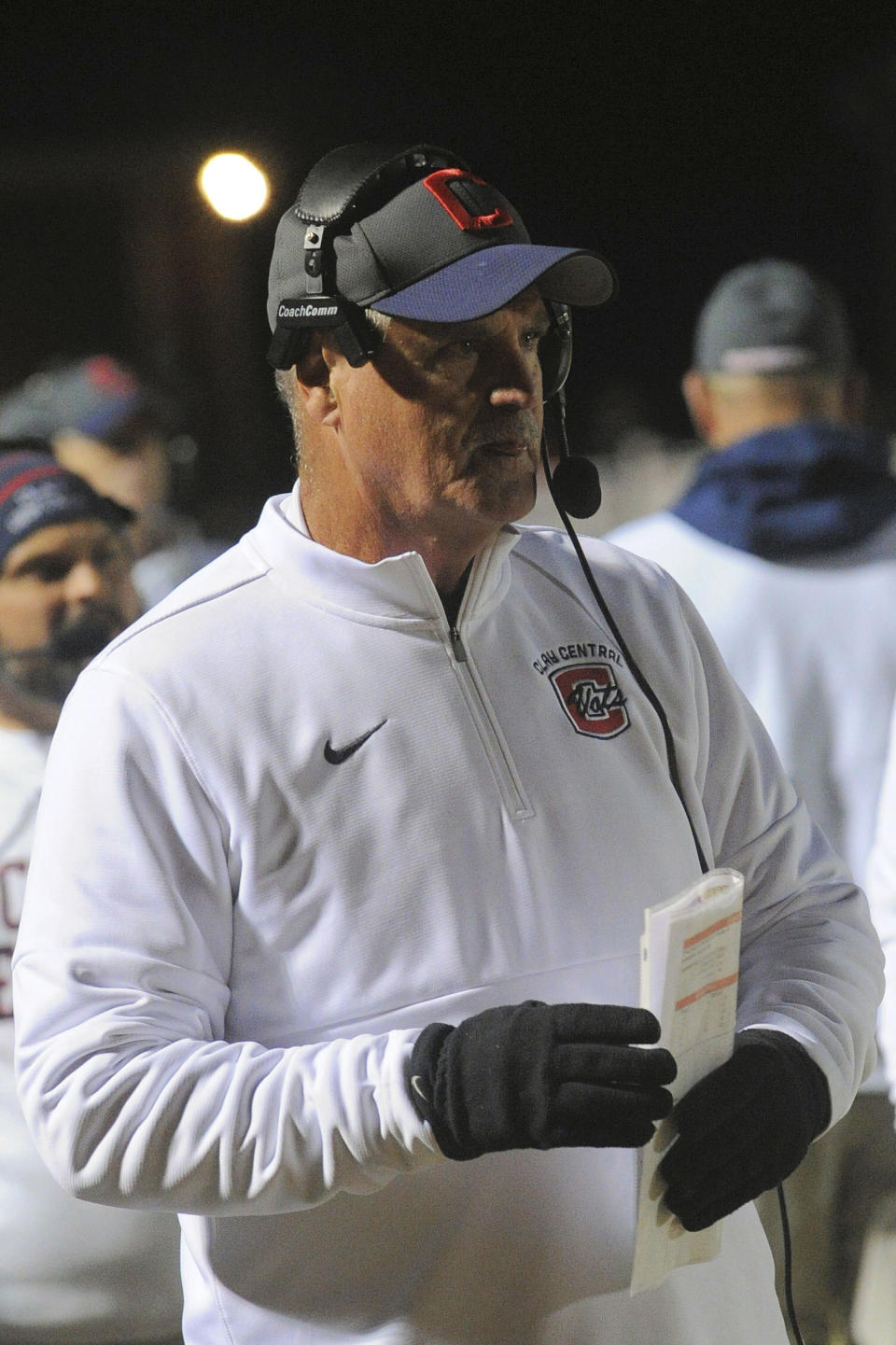 In this photo provided by Mike Pettus, Danny Horn, football coach at Central of Clay County High School, looks on during a football game against Sardis High School in Lineville, Ala., Friday, Nov. 8, 2019. “You know, football down in the South is a little bit more important," Horn said. "And especially, you got small communities, really that's their lifeblood.” (Mike Pettus via AP)