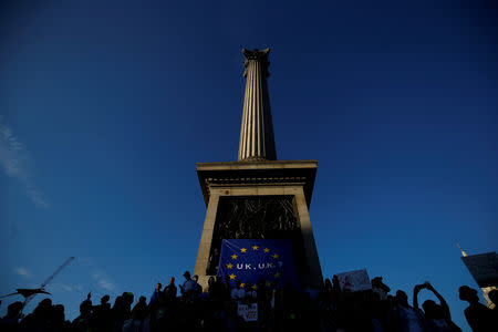 FILE PHOTO - Protesters participating in an anti-Brexit demonstration march sit at the base of Nelson's Column, in Trafalgar Square, in central London, Britain October 20, 2018. REUTERS/Henry Nicholls