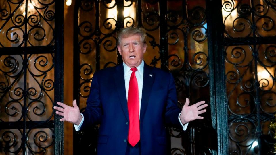 PHOTO: Donald Trump speaks at his Mar-a-Lago estate, Feb. 16, 2024, in Palm Beach, Fla. (Rebecca Blackwell/AP)