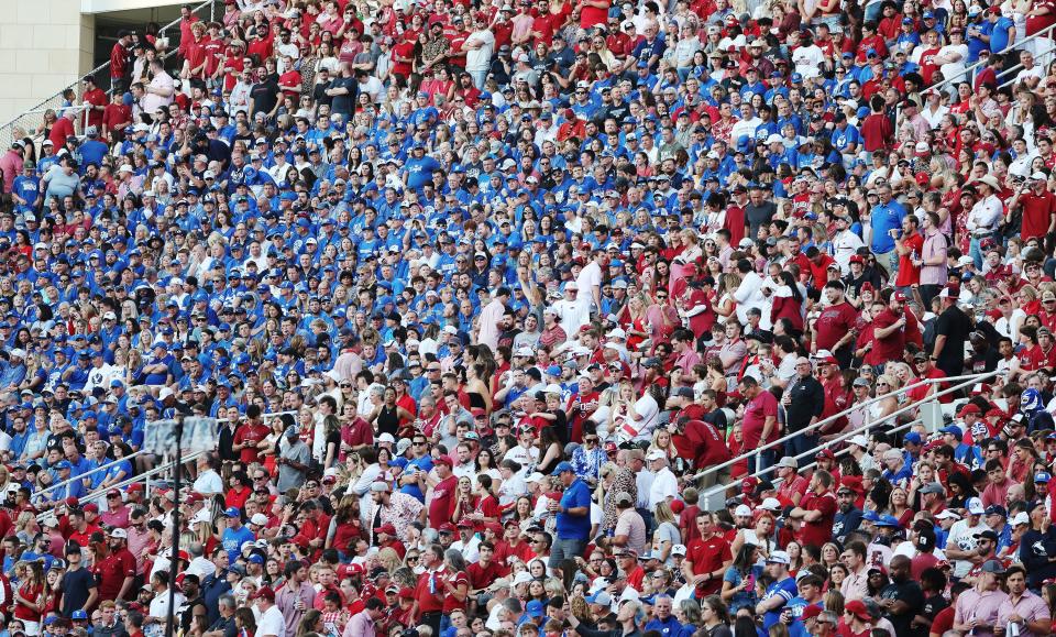 BYU fans and Arkansas fans cheer at Razorback Stadium in Fayetteville on Saturday, Sept. 16, 2023. | Jeffrey D. Allred, Deseret News