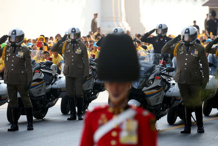 Royal Guards and members of police are seen ahead of a coronation procession for Thailand's newly crowned King Maha Vajiralongkorn in Bangkok, Thailand May 5, 2019. REUTERS/Athit Perawongmetha