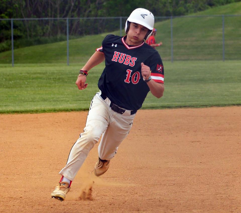 North Hagerstown's Fletcher Lewis runs to third base during the Hubs' 7-6 victory over Thomas Johnson in the Maryland Class 3A West Region I championship game Tuesday.