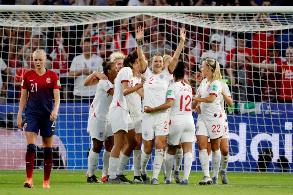 England's Lucy Bronze celebrates scoring in the World Cup quarter-final against Norway REUTERS/Bernadett Szabo